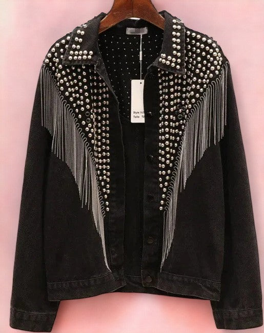 Rockstar Vibes Studded Black Denim Jacket with Fringe Details | S-2XL - Purpletique