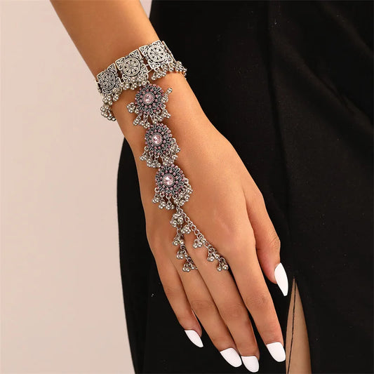 Ethnic Silver-Toned Carved Flower Bracelet with Chain Link Rings & Pink Crystal in Geometric Pattern - Purpletique