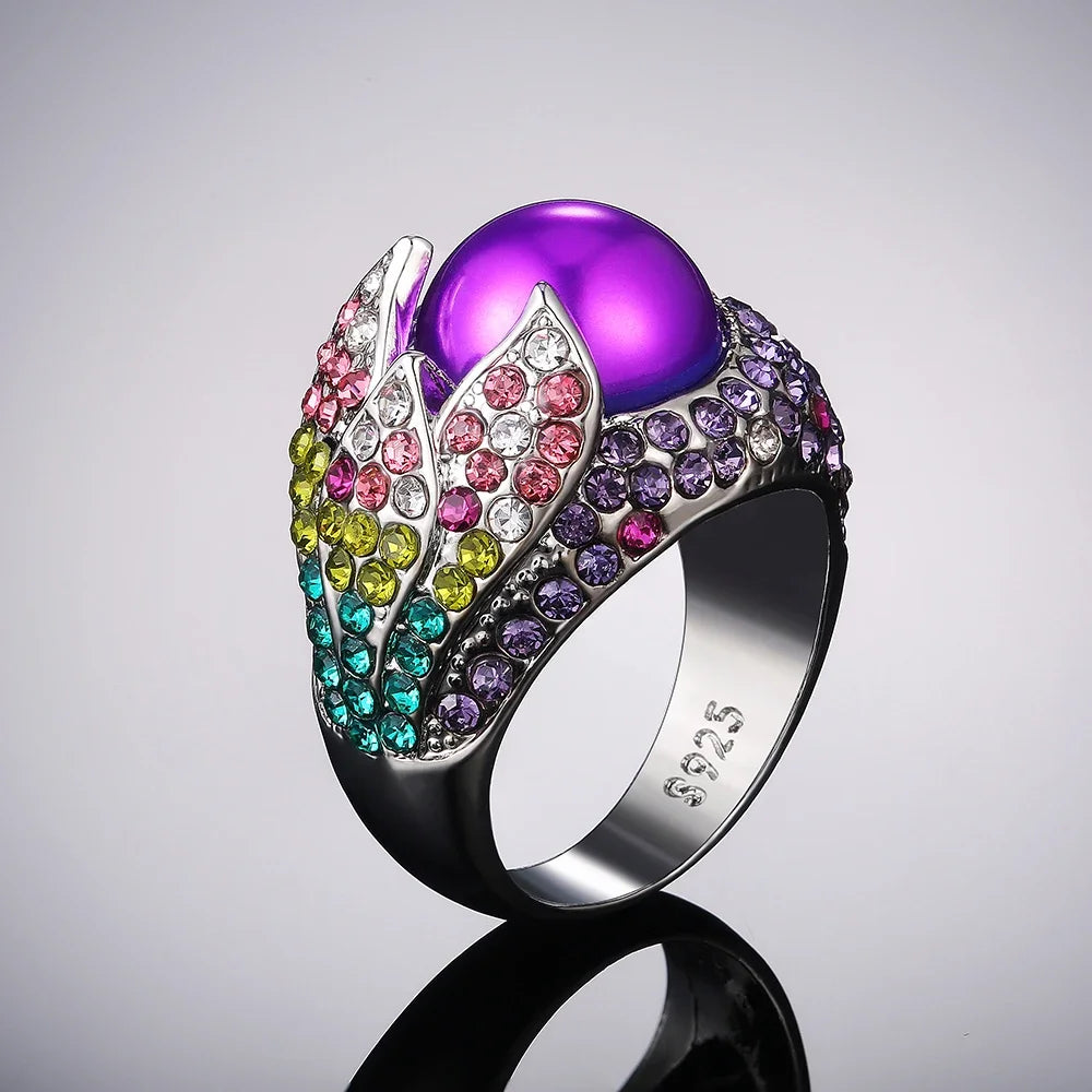 Dazzling Rainbows Cubic Zirconia Gemstones | Enamel Pearl Finish | 925 Sterling Silver Ring - Purpletique